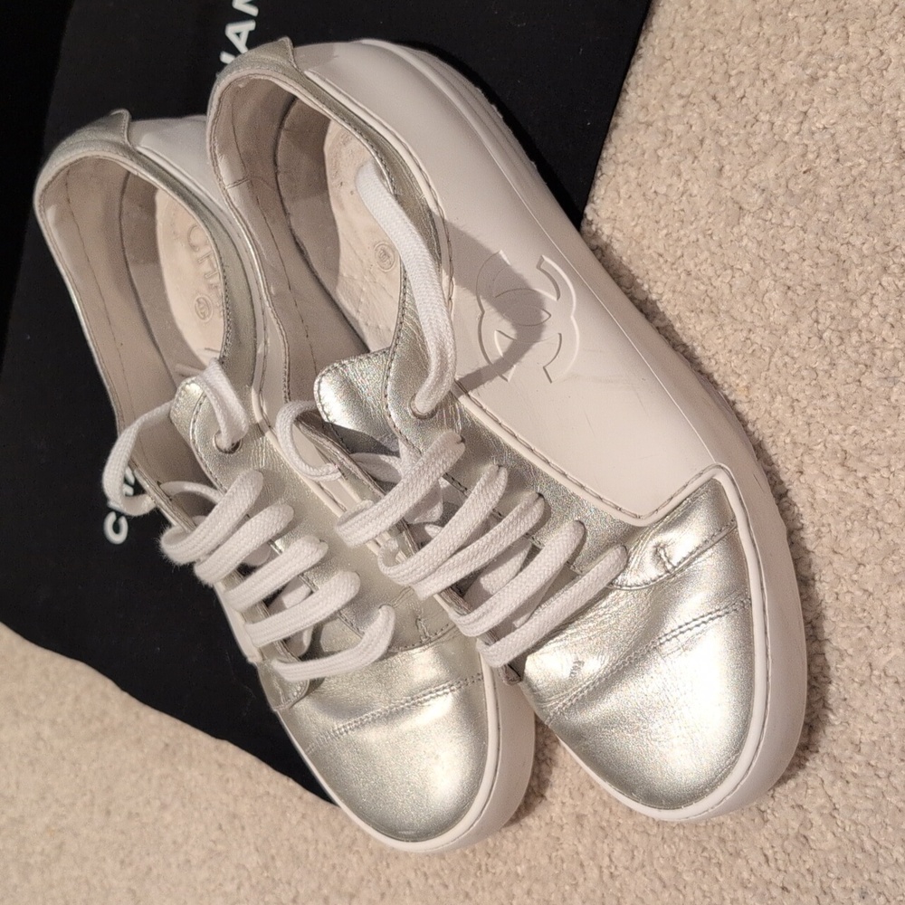 CHANEL Women's Silver and White Sneakers Size 8 - Picture 2 of 7